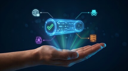 Fototapeta premium Cybersecurity VPN tunnel concept, secure encrypted data connection on human hand, digital privacy and network protection technology
