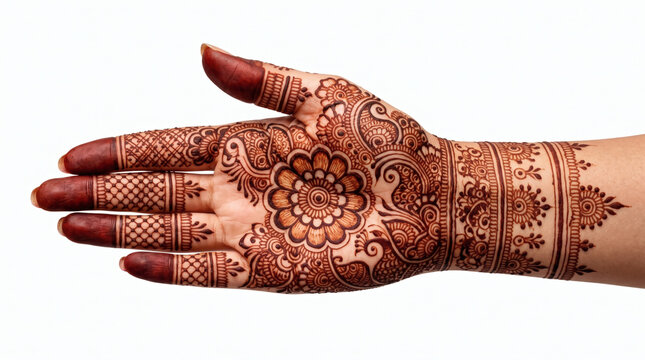 Intricate traditional henna mehndi design on woman's hand isolated on white background