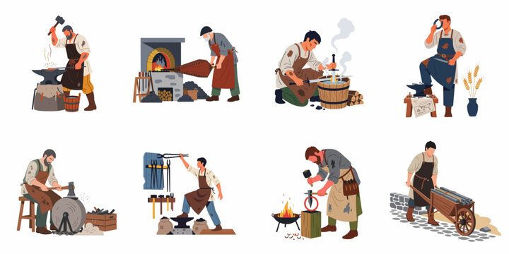 Collection of flat illustrations depicting various blacksmiths at work, including forging, sharpening, quenching, and using a furnace in a traditional smithy setting.