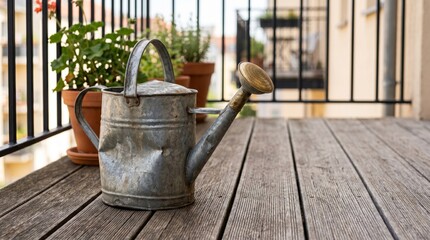 Fototapeta premium Vintage watering can on wooden balcony floor with potted plants 