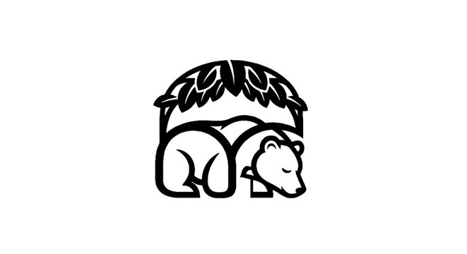 Sleeping bear under leafy shelter illustration.