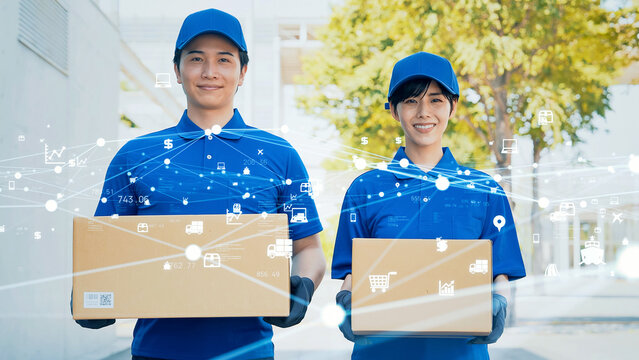荷物を運ぶ配達員と物流ネットワーク