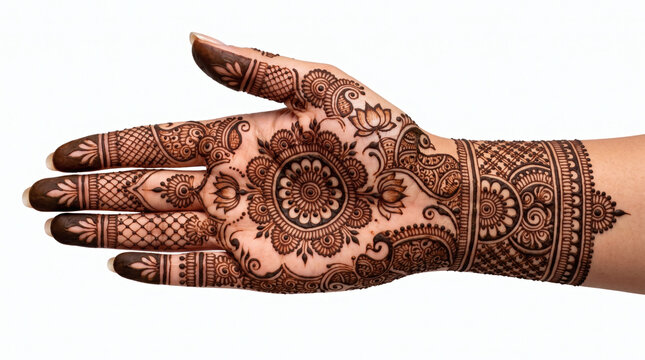 Intricate traditional henna mehndi design on woman's hand isolated on white background