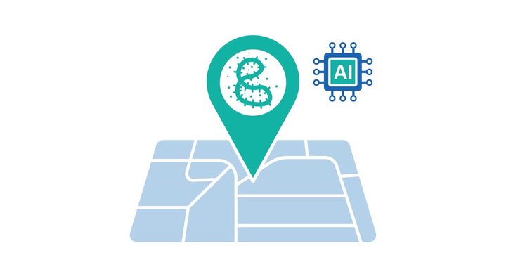 Virus location marker on digital map grid with artificial intelligence chip. Outbreak surveillance and hotspot mapping concept scene. Healthcare analytics technology graphic. Continuous location pulse