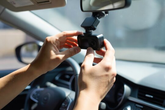 A person installing a black dashboard camera on the windshield of a car for security recording purposes.