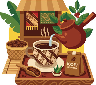 Vibrant Vector Illustration of Traditional Indonesian Kopi Drink Preparation with Rustic Coffee Shop Background celebes java sumatra brew pouring coffeehouse