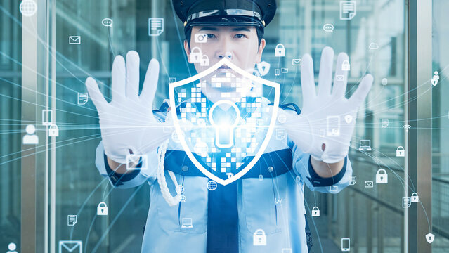 入口を塞ぐ警備員とセキュリティイメージ