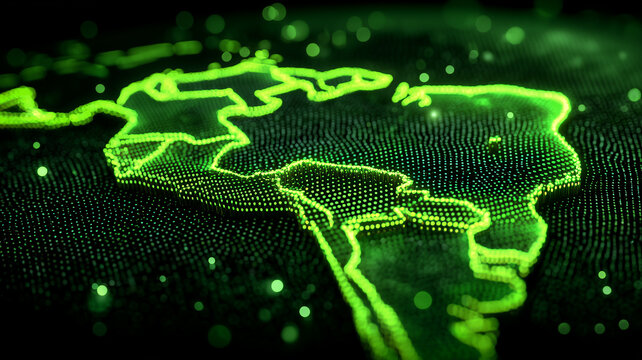 Digital map made of glowing points, representing geographic data, network coverage, and regional connectivity.
