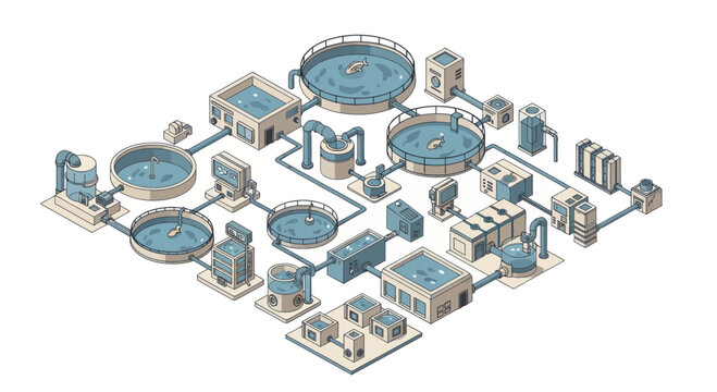 Isometric Water Treatment Plant Diagram Illustrating Purification Process.