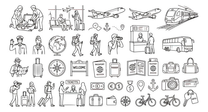 Travel and tourism doodle icon set, hand drawn vacation elements, black line art vector graphics