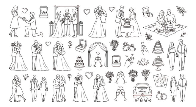 Hand Drawn Wedding Icons Set, Black Outline Marriage Doodles, Romantic Couple Vector Illustrations