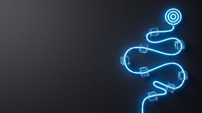 Glowing blue neon winding path with crystal cubes on a flat solid matte charcoal grey background. Provides clean minimalist copy space for modern tech business journey concepts.