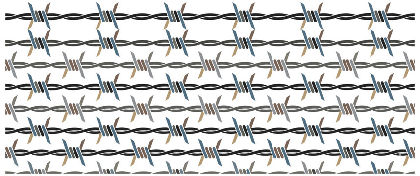 Barbed wire seamless pattern with metal thorns for prison security and border protection.