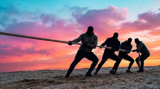 Four athletes pulling rope on sandy beach at colorful sunset. Silhouette action symbolizing teamwork, collaboration, competition, struggle, motivation, leadership and strategy
