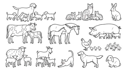 Hand drawn farm animals and pets set, cute mother and baby animal icons, black outline vector © usmi