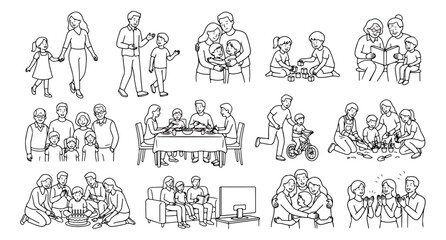 Obraz premium Minimalist family line art icons, black and white lifestyle sketches, 13 vector people elements