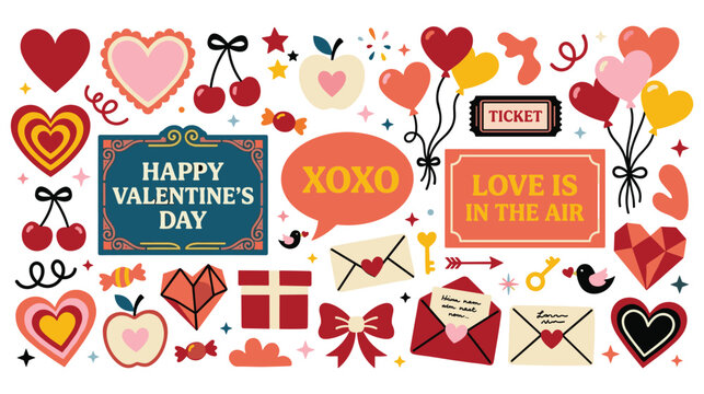 Big set of colorful valentine day elements with hearts flowers envelopes gift and labels.
