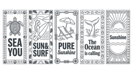 Linear style summer beach vertical banners with turtle surfboard chair whale and sun art. © md
