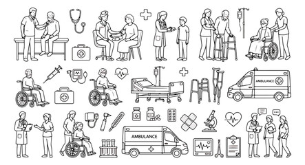 Obraz premium Medical line art icons, healthcare professional and patient illustrations, hospital vector set
