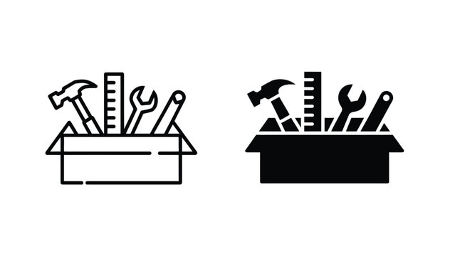 Carpenter toolbox vector icon collection with hardware tool cases, maintenance equipment, and construction service symbols