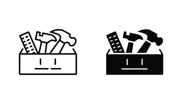 Toolbox icon set featuring carpenter toolkit, hardware storage box, and professional repair equipment symbols isolated on white background