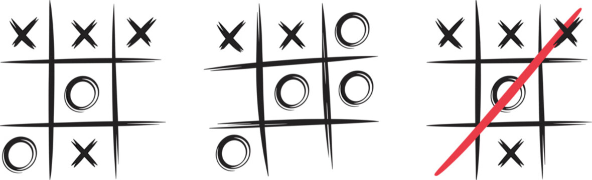 Tic tac toe hand drawn sketch icons, noughts and crosses game grids, pencil brush stroke elements for competition, strategy, success, and win concept