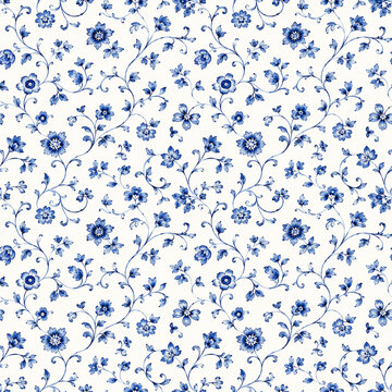 seamless floral pattern, medieval background, watercolor hand painted illustration, blue flowers and leaves, delft, indigo, vintage botanical wallpaper