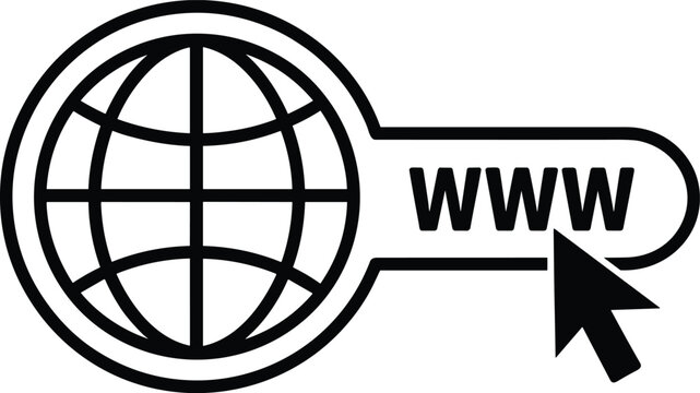 Web domain address search bar with world globe icon, cursor arrow clicking www, internet browser website outline icon