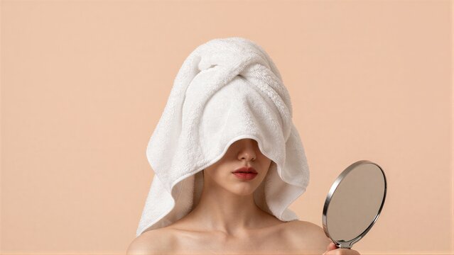 Woman with towel on head, holding mirror against peach background.