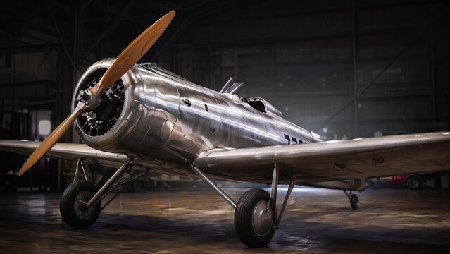 monoplane. Vintage monoplane with polished aluminum fuselage inside an aircraft hangar. mobility guides, transit brochures, designed for mobility and urban transit guides.