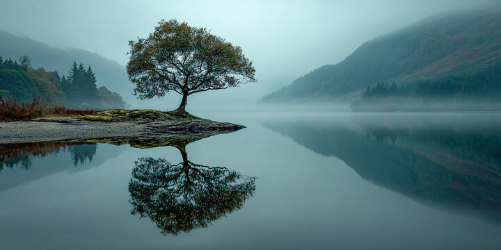 Lone Tree on Foggy Island Reflected in Still Morning Lake