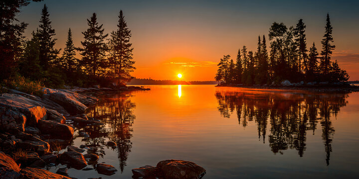 Peaceful Lake at Sunset with Sun Reflected in Water