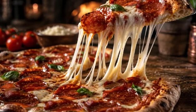 Pepperoni Pizza Slice with Stretching Melted Mozzarella Cheese