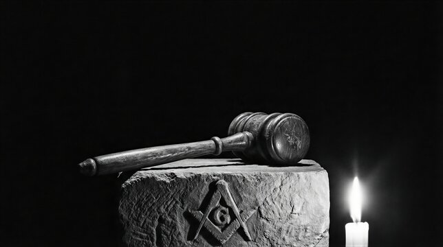 Wooden mallet placed on rough ashlar stone with square and compasses symbol. Masonic lodge tool and lit candle in dark background. Secret society ritual and initiation symbol concept.
