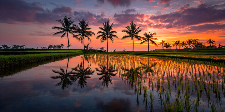 Colorful Sunset Reflected in Still Rice Paddy with Palm Trees
