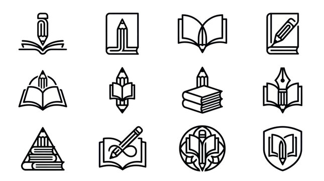 Collection of educational book and pencil icons for learning and knowledge.