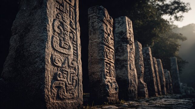 Maya Aztec civilization, Mexico culture. Mysterious, fantasy. A photograph of a row of ancient stone carvings, likely from a temple or historical site.