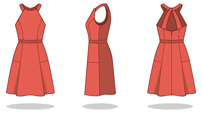 Coral halter neck dress fashion technical drawing front side and back view sketch
