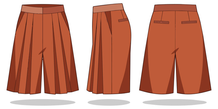 Pleated culottes shorts technical fashion flat sketch in brown front side and back view