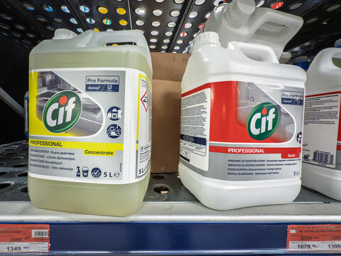 BELGRADE, SERBIA - FEBRUARY 15, 2026: Cif logo on Professional cleaning products in a supermarket shelf in belgrade, Cif is a french brand of household chemical cleaning products from Unilever.