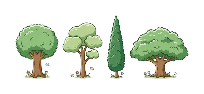 Set of four different types of green nature trees for park or garden design vector collection