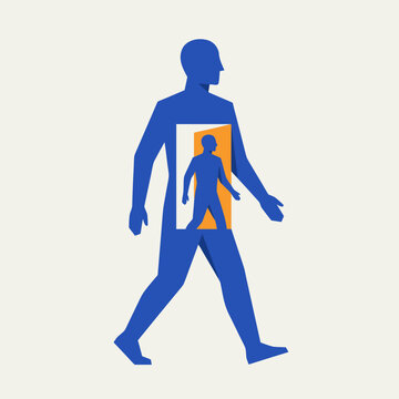 Inner Self Concept Abstract Illustration of a Man Walking Through a Doorway Inside Another Man