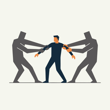 Two shadowy figures pull a man in different directions symbolizing conflict and struggle