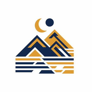 Stylized mountain landscape with moon and sun in geometric design