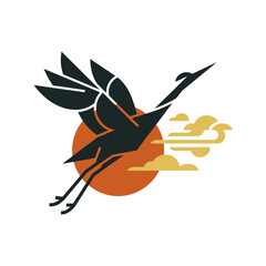 Obraz premium A stylized bird flies gracefully across a vibrant orange sun