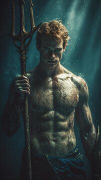 Greek mythology sea god Poseidon. Fantasy. A dramatic portrayal of a muscular male figure, likely a warrior or a warrior, standing in a dramatic underwater environment.