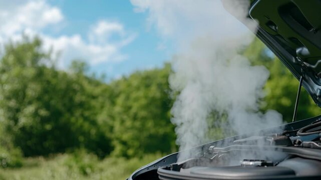 A broken-down car with an open hood, emitting thick white steam from the overheated engine block.