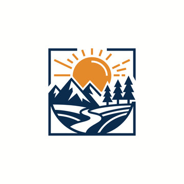 Abstract mountain landscape with sun, trees and winding path