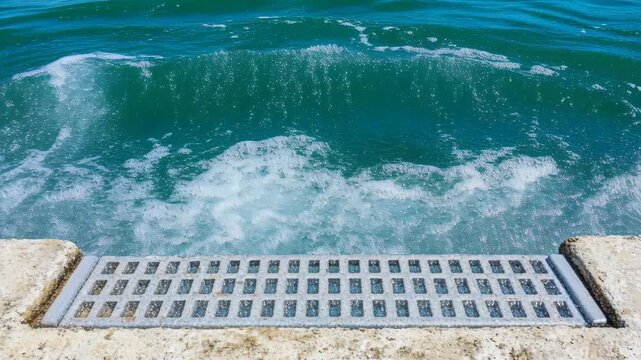 Waves crashing against a metal grate on a concrete pier in the bright turquoise sea water.