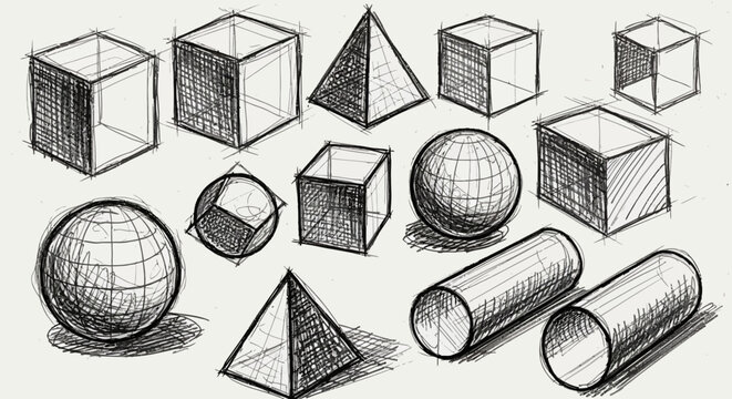 Hand-drawn geometric shapes: cubes, spheres, pyramids, cylinders
